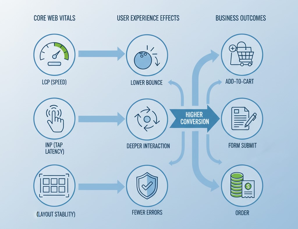 Flow from LCP/INP/CLS to reduced friction and higher add-to-cart/checkout/form completes