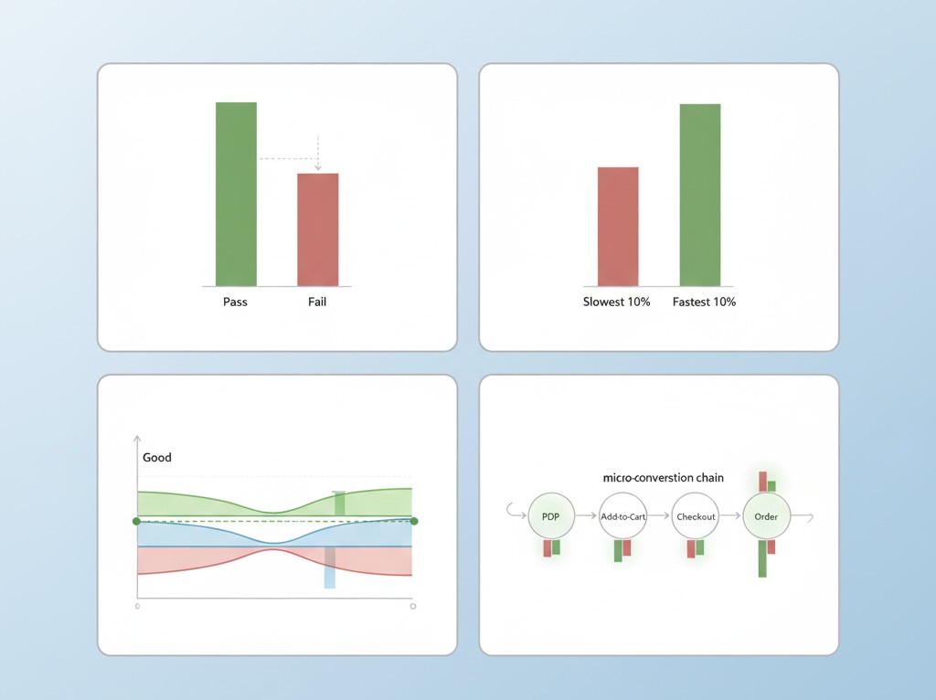 Four mini-analyses: pass/fail, percentiles, threshold bands, and a micro-conversion chain