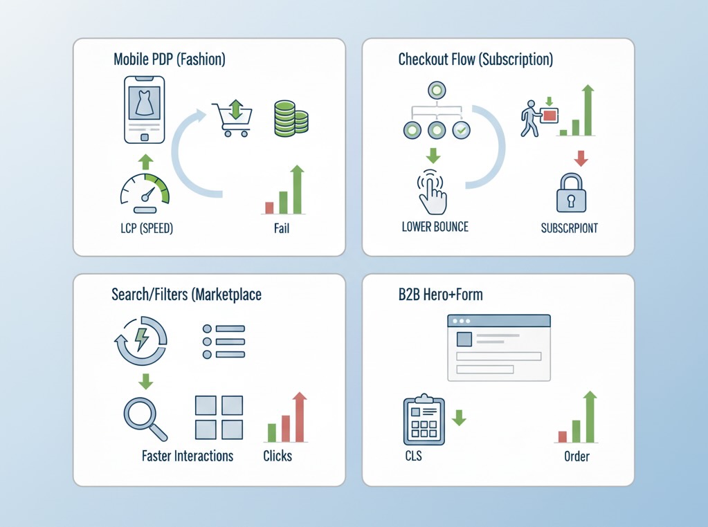 Four anonymized case cards linking specific CWV fixes to business lifts