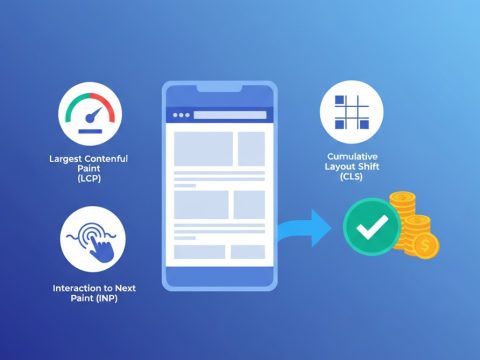 Mobile-first page with LCP/INP/CLS gauges flowing into a conversion and revenue icon