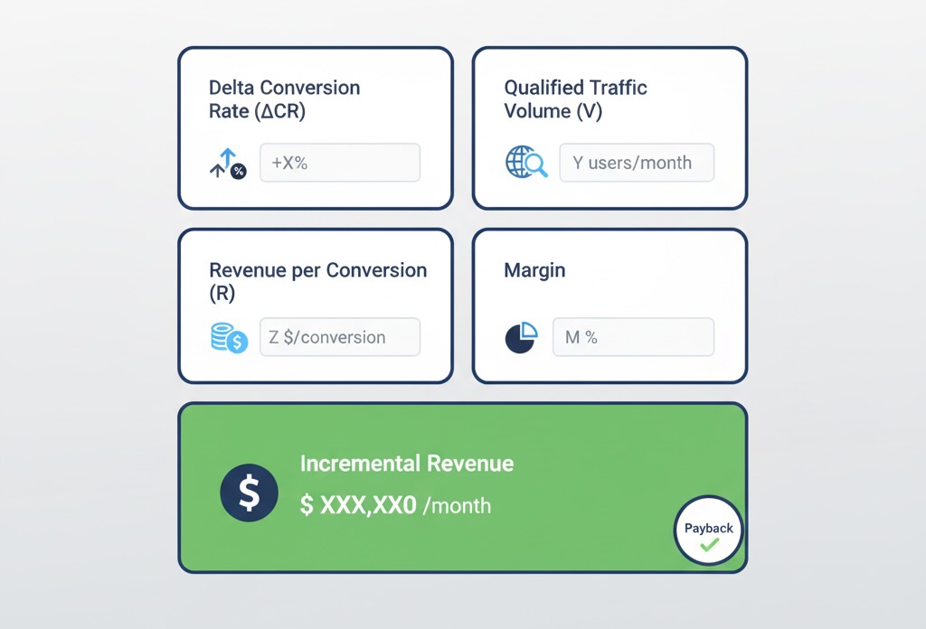 ROI panel with tiles for ΔCR, volume, revenue per conversion, margin, and incremental revenue/payback