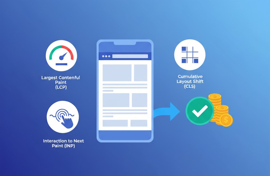 Mobile-first page with LCP/INP/CLS gauges flowing into a conversion and revenue icon