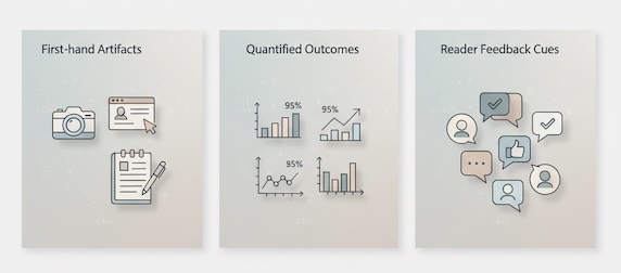 Triptych depicting first-hand artifacts, quantified outcomes, and reader feedback cues as proxies for experience