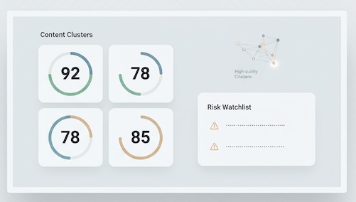 Executive dashboard with cluster score tiles, a citations network node graphic, and a risk panel