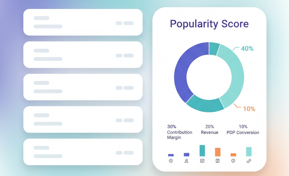 Weighted scorecard mockup combining velocity, margin, revenue, and PDP conversion into one popularity score