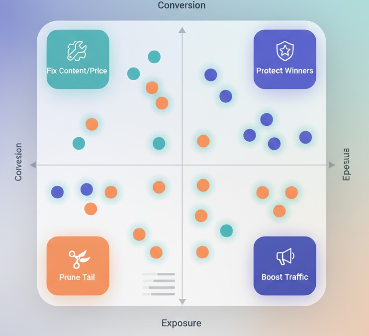 Exposure vs conversion quadrant highlighting sleepers, false heroes, and true winners