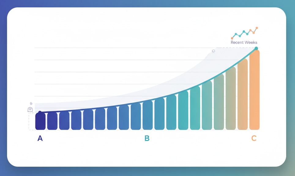 ABC/Pareto chart showing A/B/C classes by profit contribution with a recent trend overlay