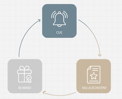 circular habit loop showing cue, value, and reward