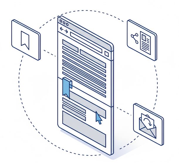 Save, share, and email reply icons around a blog window