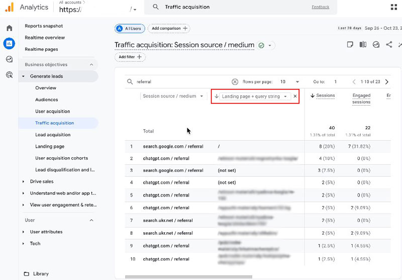 GA4: Traffic Acquisition table, where landing pages (Landing page + query string) are shown for each referrer