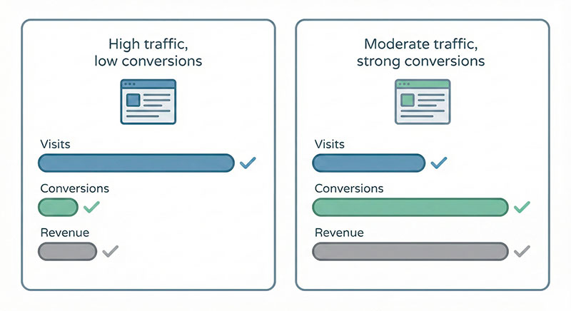 From SEO Traffic Value to Real Revenue: How to Connect Keywords with Conversions Comparison chart of high-traffic, low-conversion pages versus balanced pages