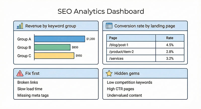 From SEO Traffic Value to Real Revenue: How to Connect Keywords with Conversions Dashboard mockup showing SEO performance metrics linked to conversions