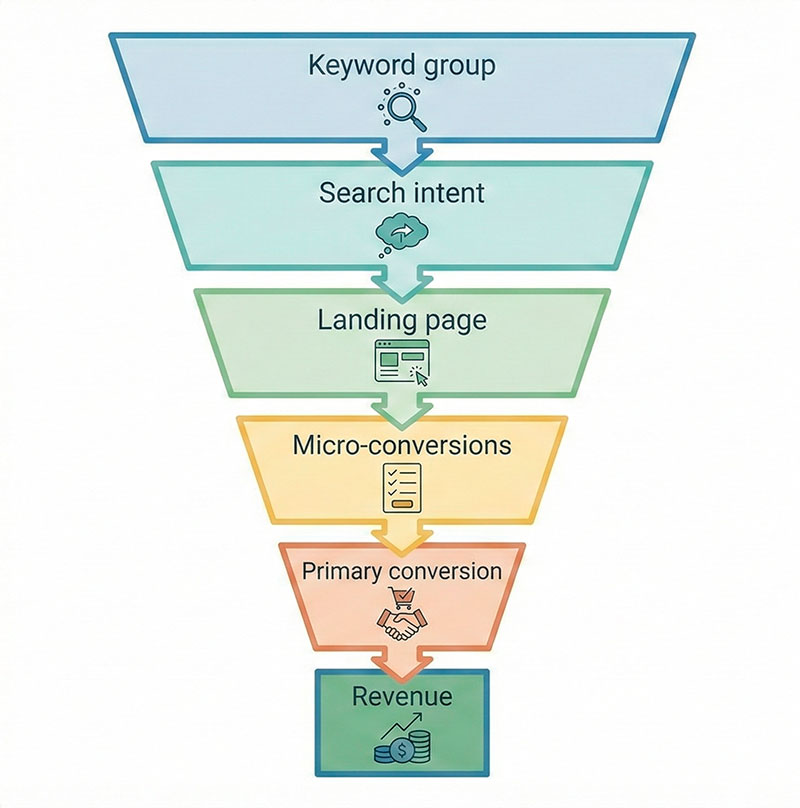 From SEO Traffic Value to Real Revenue: How to Connect Keywords with Conversions Funnel diagram from keyword to revenue