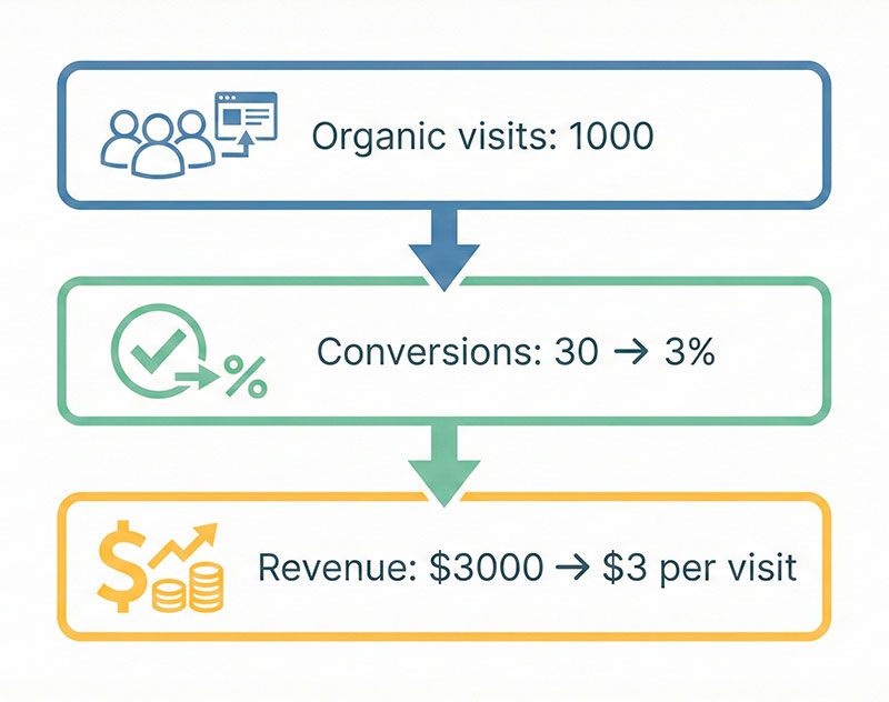From SEO Traffic Value to Real Revenue: How to Connect Keywords with Conversions Numeric example of SEO conversion rate and revenue calculation