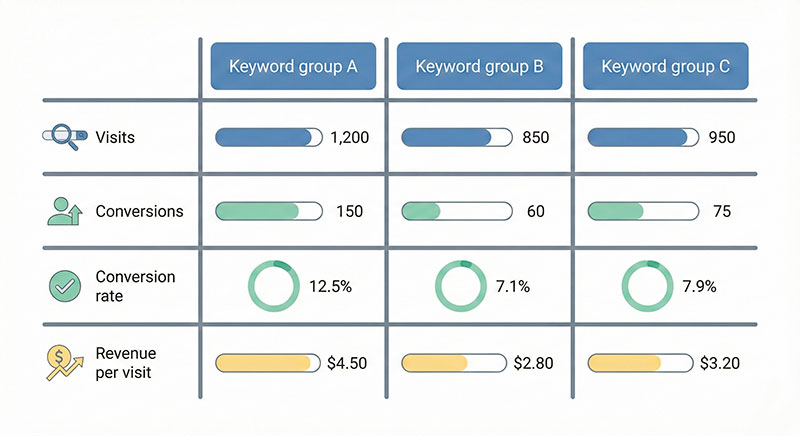 From SEO Traffic Value to Real Revenue: How to Connect Keywords with Conversions Table-style infographic comparing keyword group performance