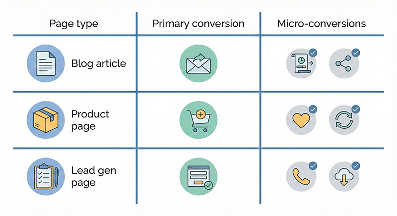From SEO Traffic Value to Real Revenue: How to Connect Keywords with Conversions Table-style infographic of page types and their conversions