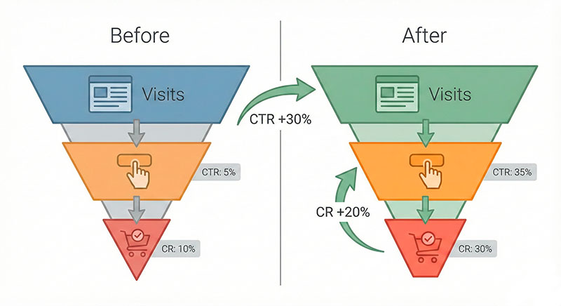 From SEO Traffic Value to Real Revenue: How to Connect Keywords with Conversions Before-and-after comparison of SEO funnel performance