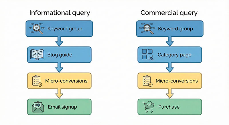 From SEO Traffic Value to Real Revenue: How to Connect Keywords with Conversions Side-by-side flows for informational and commercial SEO funnels