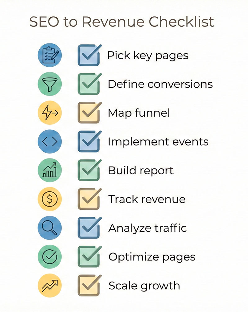 From SEO Traffic Value to Real Revenue: How to Connect Keywords with Conversions Checklist infographic for connecting SEO to conversions and revenue