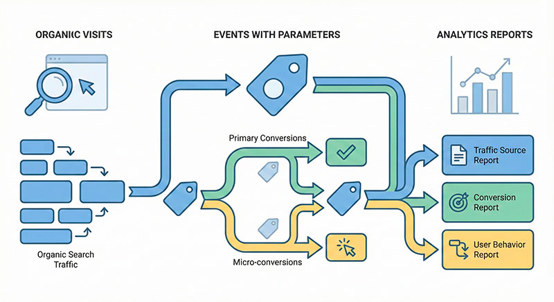 From SEO Traffic Value to Real Revenue: How to Connect Keywords with Conversions Diagram showing tagged traffic flowing into event-based analytics