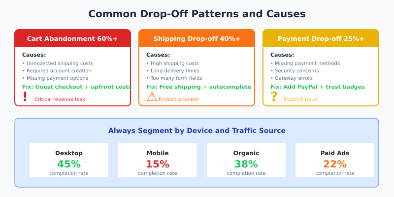 Common checkout drop-off patterns with causes and fixes for cart, shipping, and payment abandonment