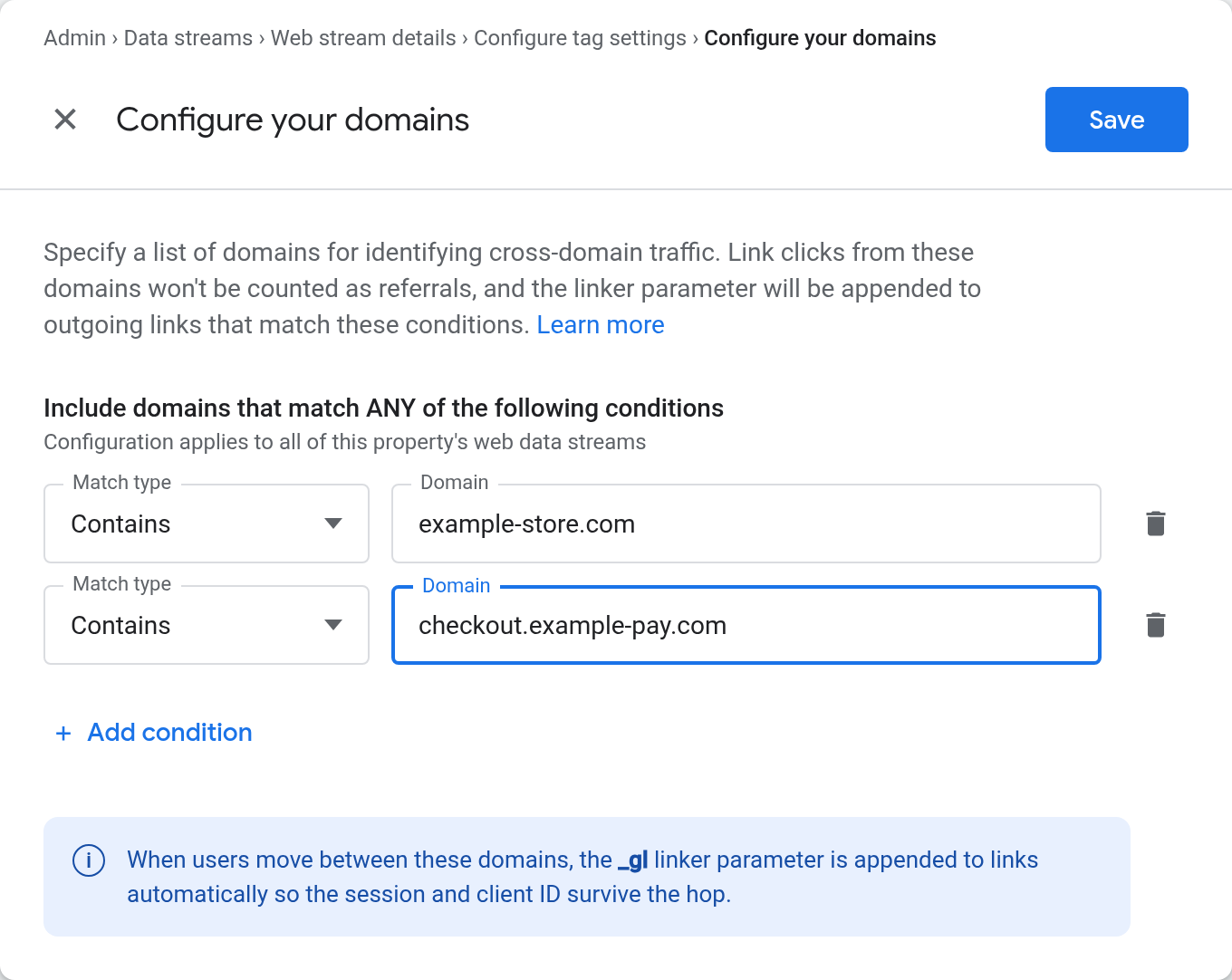 GA4 Admin: Configure your domains — cross-domain linker setup with two domain conditions